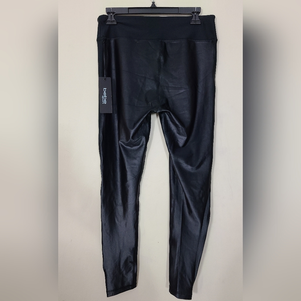Bebe Sport Black Faux Leather Leggings Womens L Rhinestone‎ Logo Rockstar Glam - Picture 8 of 8